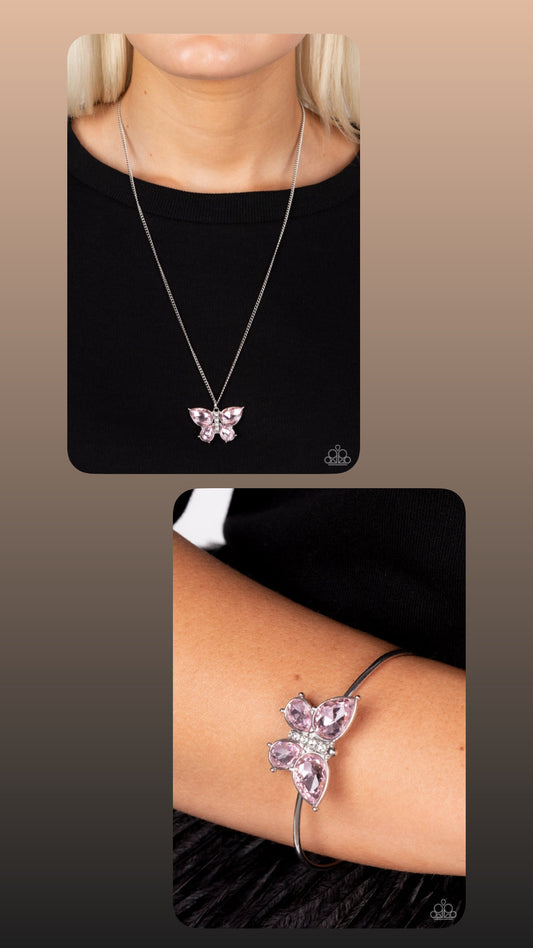 Free-Flying Flutter Pink Necklace & Butterfly Beatitude Bracelet (Hot Pink 10)